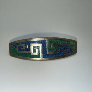 Vintage Alpaca Mexico Turquoise Malachite Inlay Hair Barrette